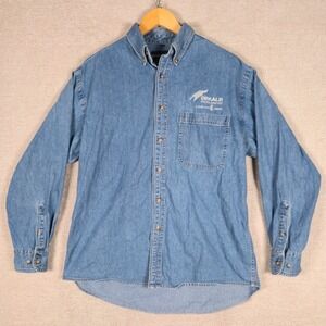 Swingster Mens Blue Denim Dekalb Choice Genetics Monsanto Shirt Medium Vintage